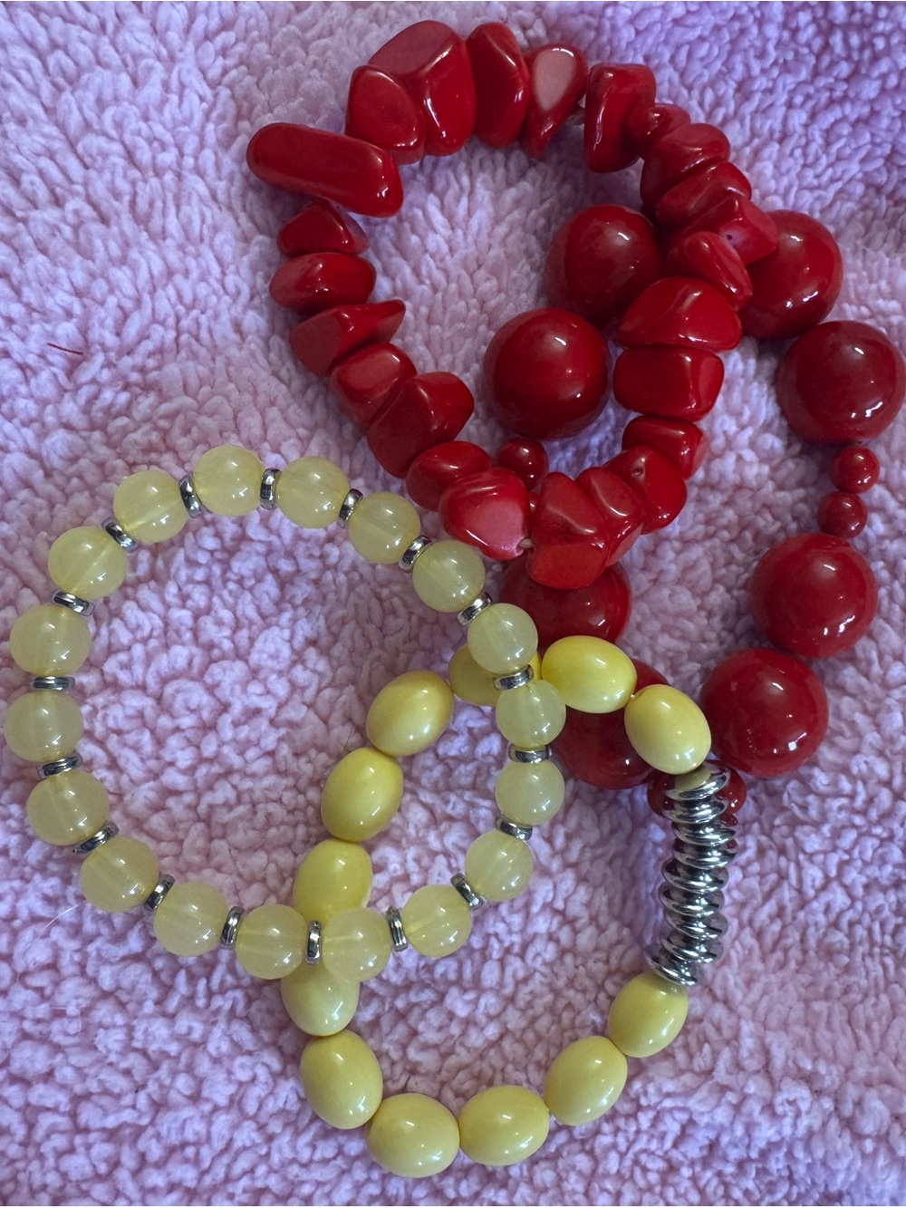 Set of Red and Yellow Beaded Stretch Bracelets